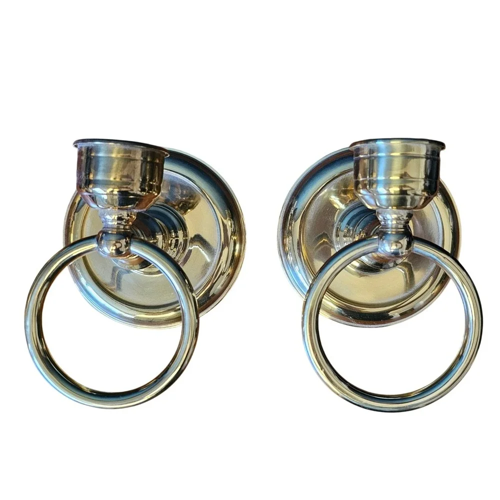 Vintage Polished Brass Ring Wall Sconce Candle Holder Pair Gold Tone Taiwan